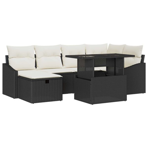 vidaXL Havesofa Sæt med pude med opbevaring 7 pcs Sort Poly rattan