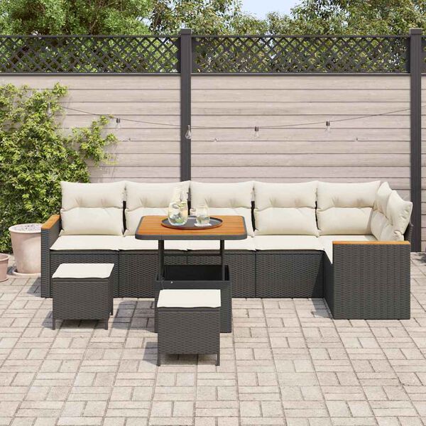 vidaXL Havesofa Sæt med pude 9 pcs Sort Poly rattan