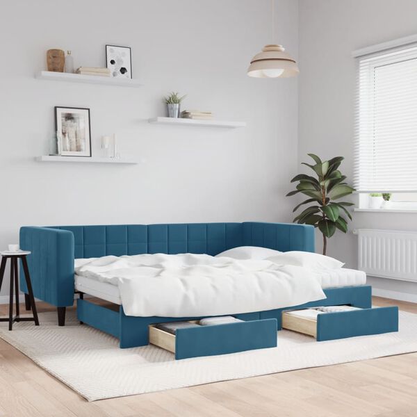 vidaXL daybed med udtræk og skuffer 90x200 cm velour blå