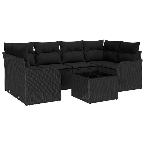vidaXL Havesofa S&aelig;t med pude 7 pcs Sort Polyrattan og st&aring;l og glas