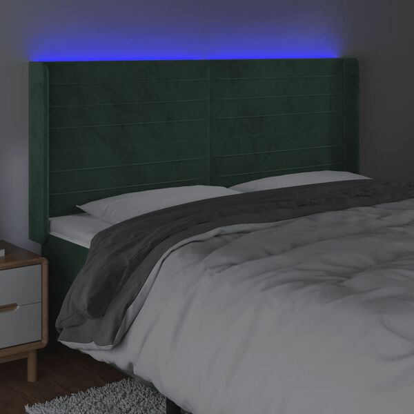 vidaXL sengegavl med LED-lys 203x16x118/128 cm fl&oslash;jl m&oslash;rkegr&oslash;n