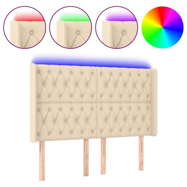 vidaXL sengegavl med LED-lys 163x16x118/128 cm stof cremefarvet