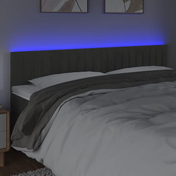 vidaXL sengegavl med LED-lys 160x5x78/88 cm velour m&oslash;rkegr&aring;