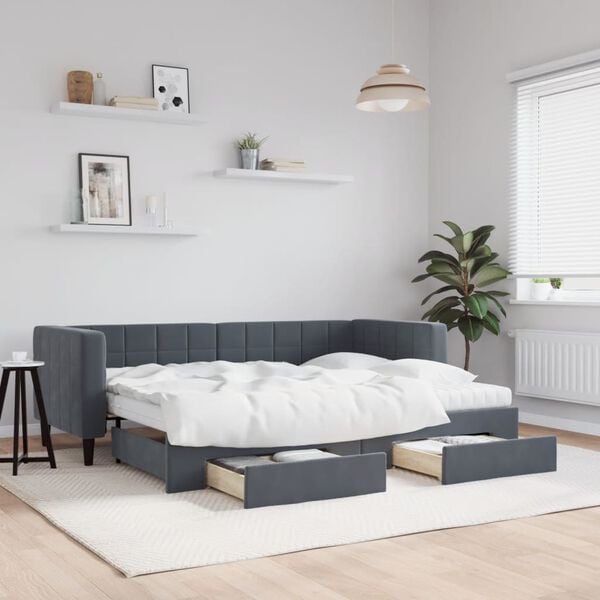 vidaXL daybed med udtr&aelig;k og skuffer 80x200 cm velour m&oslash;rkegr&aring;