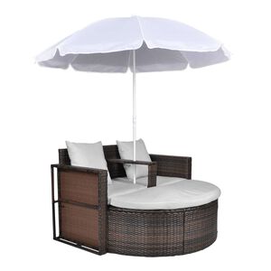 vidaXL haveseng med parasol polyrattan brun