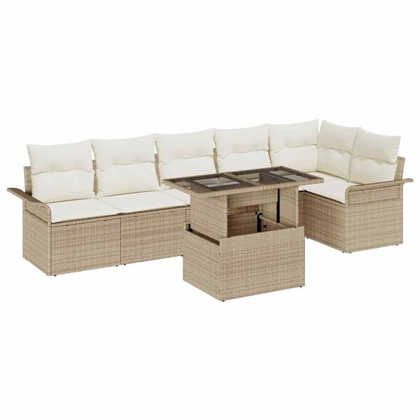 vidaXL Havesofa S&aelig;t med pude med opbevaring 7 pcs Beige Poly rattan