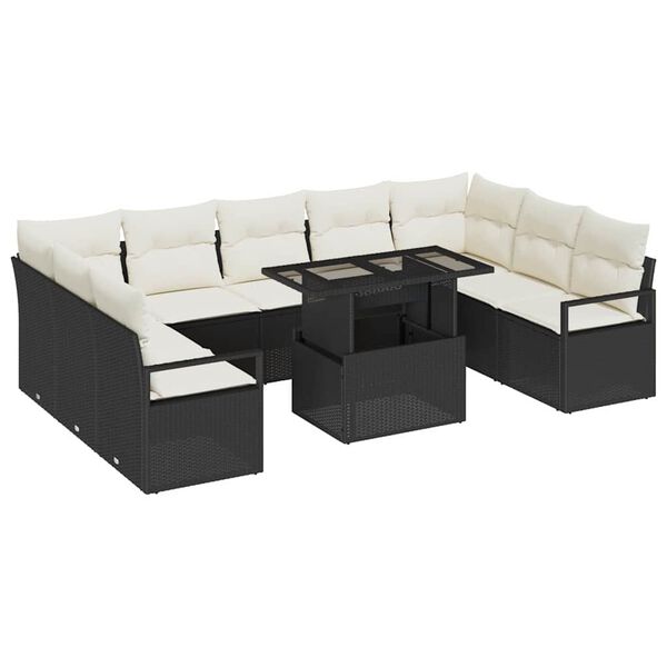 vidaXL Havesofa S&aelig;t med pude 10 pcs Sort og cremefarvet polyrattan