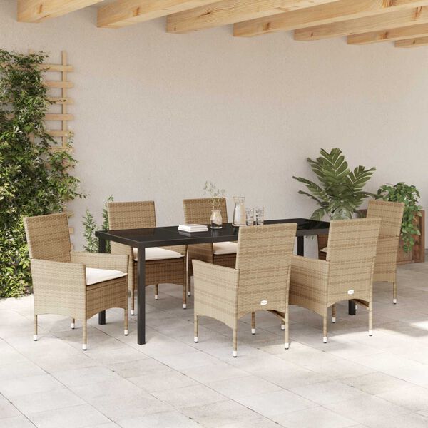 vidaXL Have Spisebordss&aelig;t med pude 7 pcs Beige polyrattan