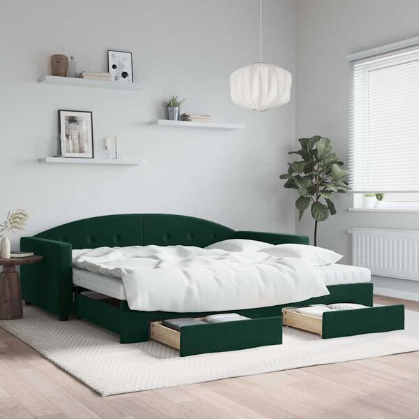 vidaXL daybed med udtr&aelig;k og skuffer 100x200 cm velour m&oslash;rkegr&oslash;n