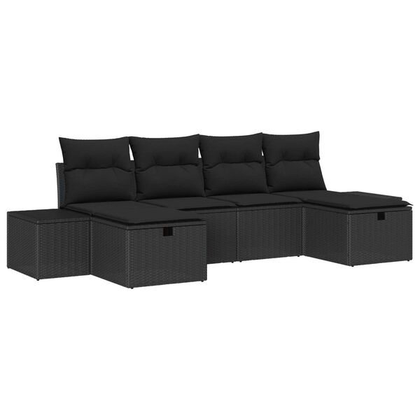 vidaXL Havesofa S&aelig;t med pude med opbevaring 6 pcs Sort polyrattan