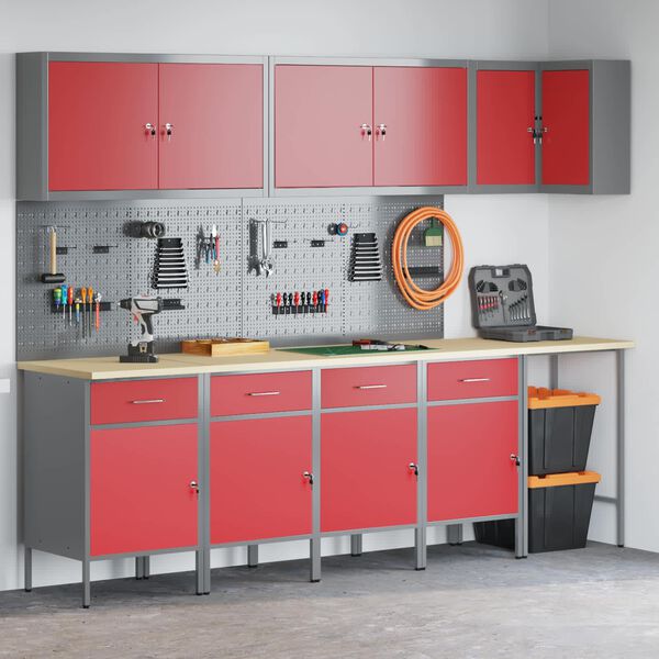 vidaXL Arbejds skab S&aelig;t med skuffe med hylde med l&aring;s 12 pcs R&oslash;d og Gr&aring;