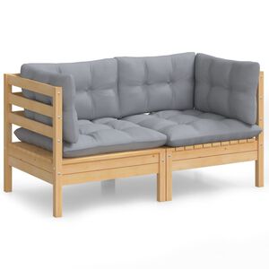 vidaXL 2-personers havesofa med gr&aring; hynder massivt fyrretr&aelig;