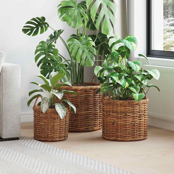 vidaXL Plantekurv med opbevaring 3 pcs Brun Kubu rattan