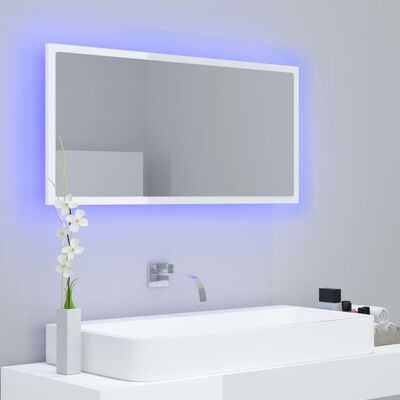 vidaXL badeværelsesspejl med LED-lys 90x8,5x37 cm akryl hvid højglans