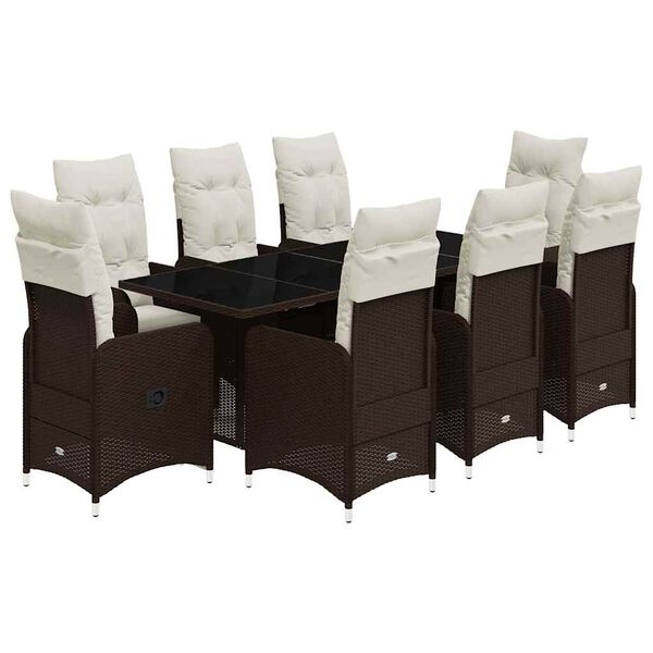 vidaXL bistros&aelig;t til haven 9 dele med hynder polyrattan brun