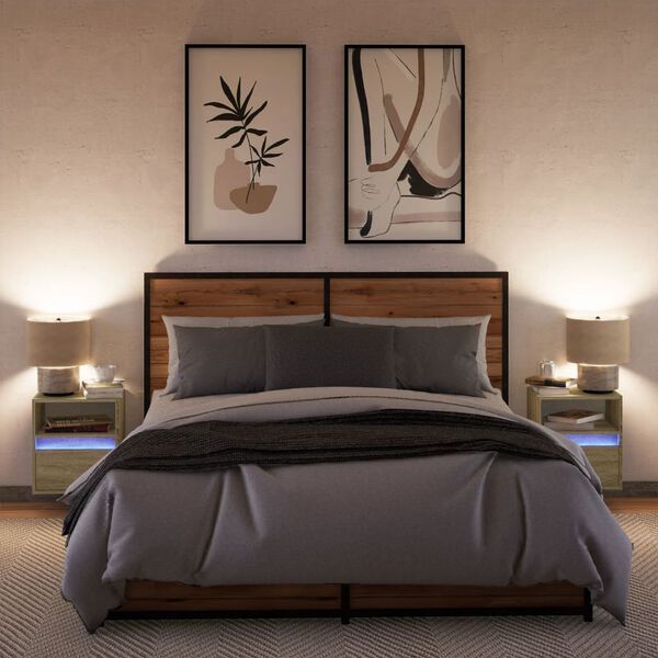 vidaXL v&aelig;gh&aelig;ngte sengeborde 2 stk. med LED-lys sonoma-eg