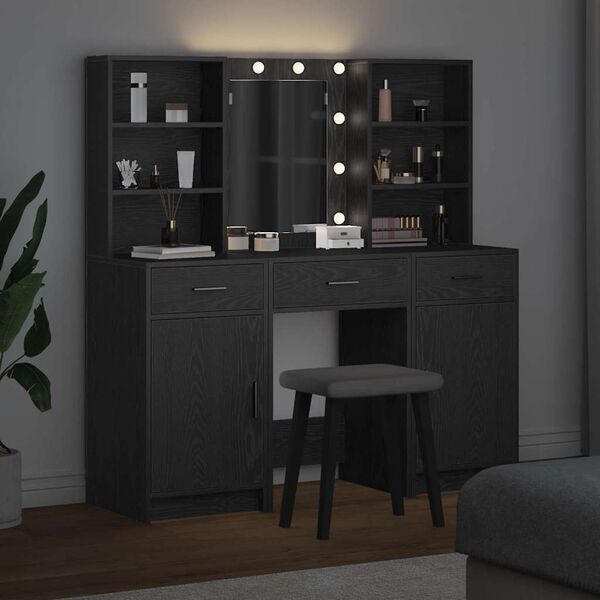 vidaXL Makeupbord s&aelig;t med LED med skuffe 3 pcs Sort eg Konstrueret tr&aelig;