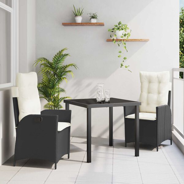 vidaXL Have Spisebordss&aelig;t med pude 3 pcs Sort polyrattan