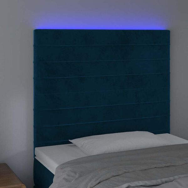 vidaXL sengegavl med LED-lys 100x5x118/128 cm fl&oslash;jl m&oslash;rkebl&aring;