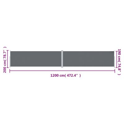 vidaXL sammenrullelig sidemarkise 200x1200 cm antracitgrå