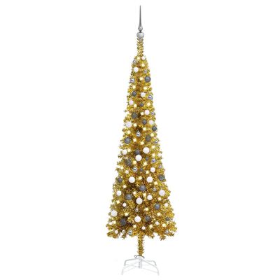 vidaXL kunstigt smalt juletræ med lys og kuglesæt 210 cm guldfarvet