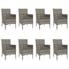 vidaXL spisebordssæt til haven 9 dele med hynder polyrattan grå