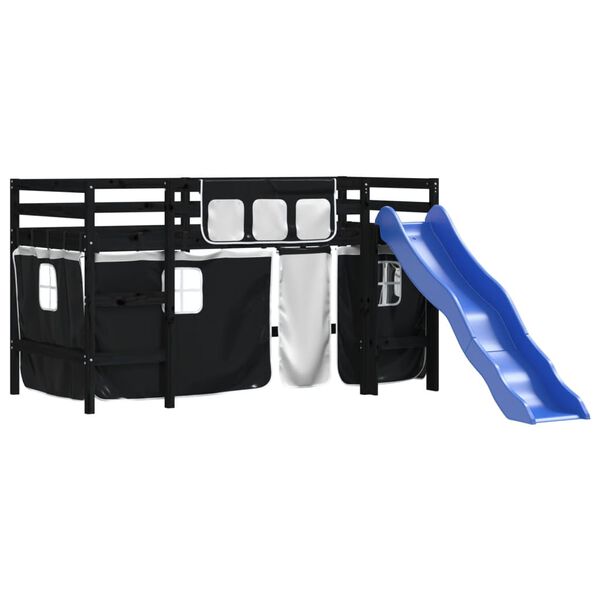 vidaXL h&oslash;jseng med gardiner 90x200 cm massivt fyrretr&aelig; hvid og sort