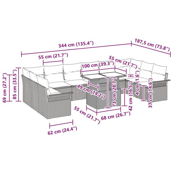vidaXL Havesofa S&aelig;t med pude med pude 11 pcs Beige Poly Rattan