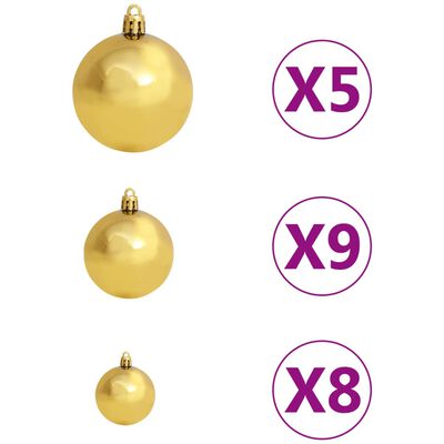 vidaXL kunstigt juletræ med lys og kuglesæt 120 cm PET guldfarvet