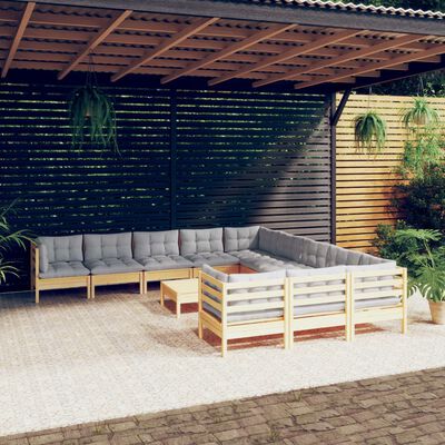 vidaXL loungesæt til haven 12 dele med grå hynder fyrretræ