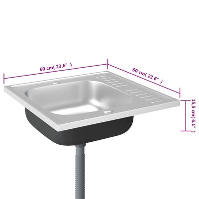 vidaXL køkkenvask med afløbssæt 600x600x155 mm rustfrit stål sølv