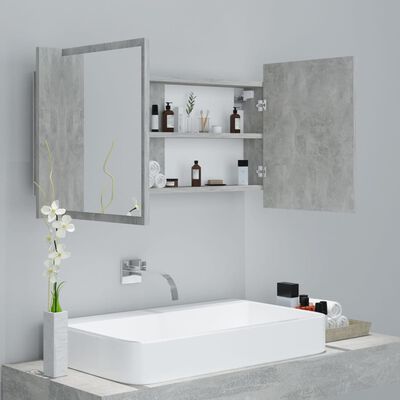vidaXL badeværelsesskab m. spejl og LED-lys 90x12x45 cm akryl betongrå