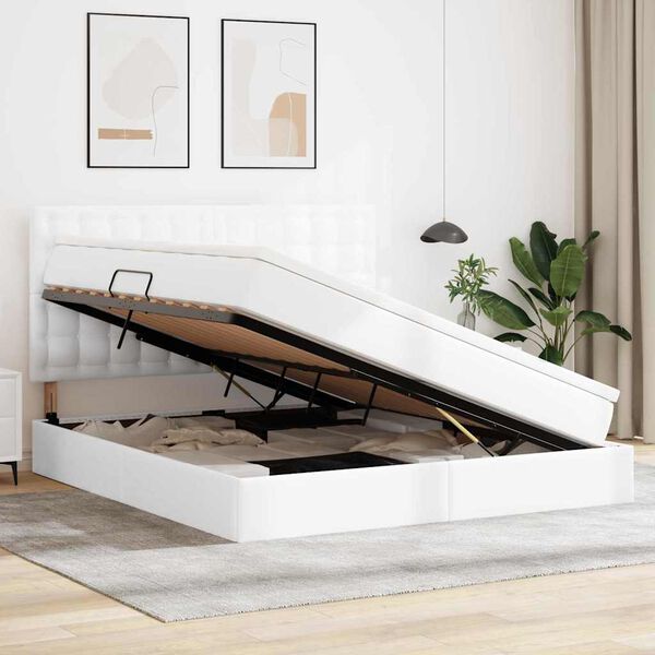 vidaXL Opbevaringsseng med madras Ren Hvid 160 x 200 cm Faux l&aelig;der