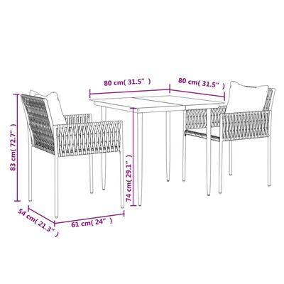 vidaXL spisebordssæt til haven 3 dele med hynder polyrattan og stål