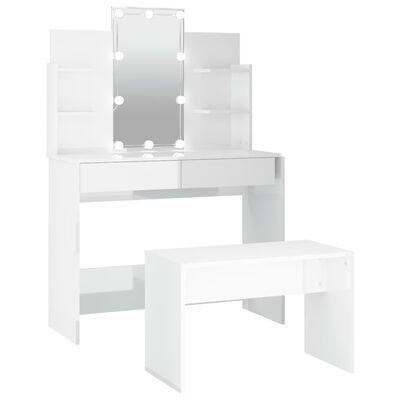 vidaXL makeupbordssæt med LED-lys konstrueret træ hvid højglans