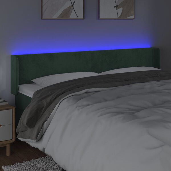 vidaXL sengegavl med LED-lys 183x16x78/88 cm fl&oslash;jl m&oslash;rkegr&oslash;n