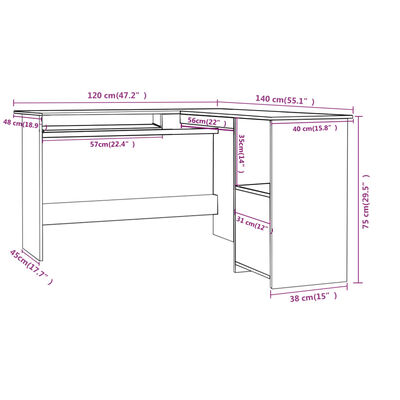 vidaXL L-formet skrivebord 120x140x75 cm konstrueret træ grå højglans