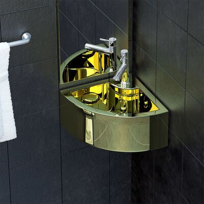 vidaXL håndvask med overløb 45 x 32 x 12,4 cm keramik guldfarvet