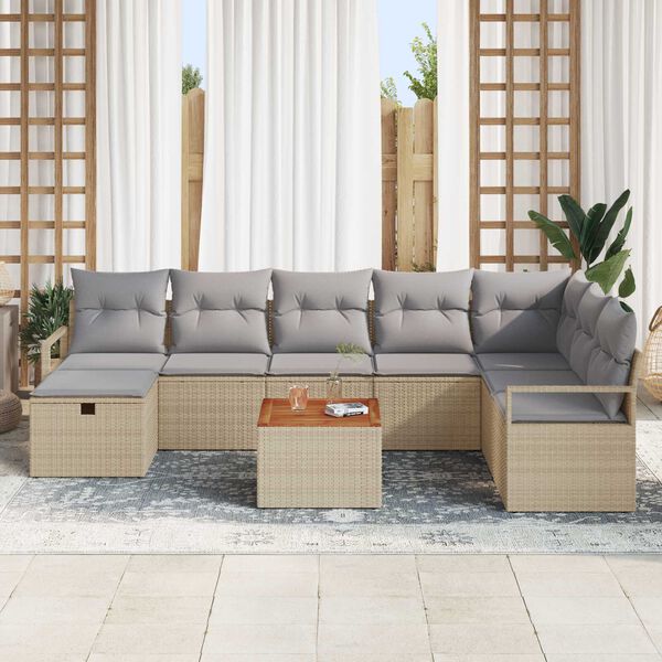 vidaXL Havesofa S&aelig;t med pude med opbevaring 9 pcs Beige Poly rattan