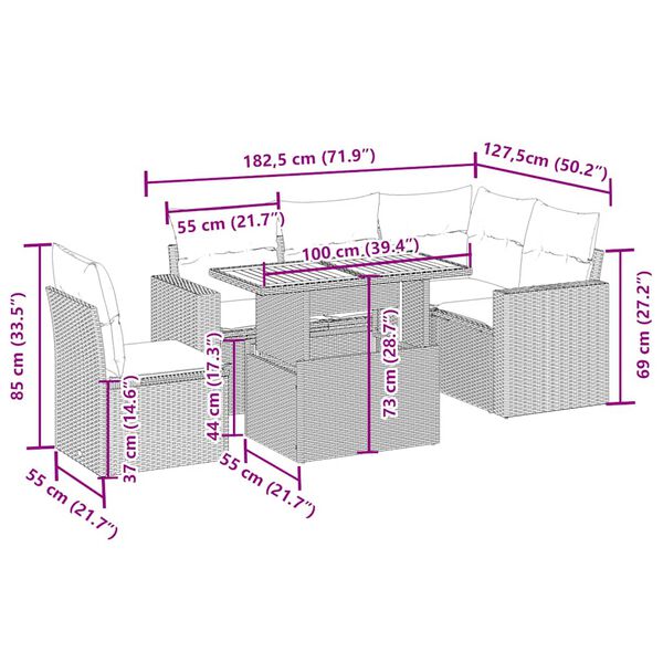 vidaXL sofasæt til haven 6 dele med hynder polyrattan beige