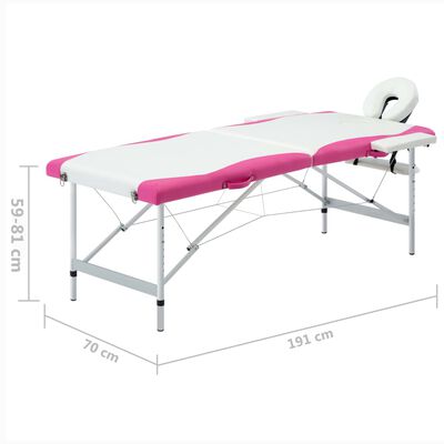 vidaXL sammenfoldeligt massagebord aluminiumsstel 2 zoner hvid lyserød