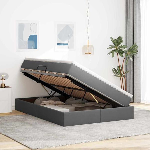 vidaXL Seng med opbevaring og madras M&oslash;rkegr&aring; 140 x 200 cm Polyester