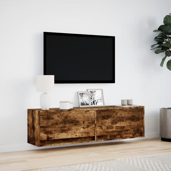 vidaXL væghængt tv-bord med LED-lys 140x31x38 cm røget egetræsfarve