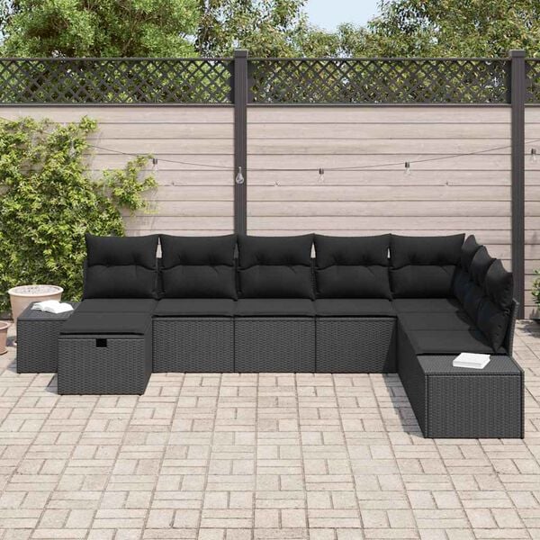 vidaXL Havesofa S&aelig;t med pude 8 pcs Sort Poly rattan