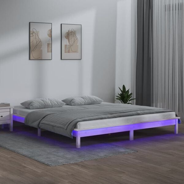vidaXL sengeramme med LED 180x200 cm super kingsize massivt træ hvid