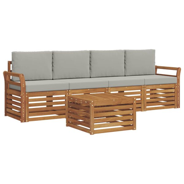 vidaXL Sofas&aelig;t med pude 5 pcs Naturlig og Lys Gr&aring; Massivt Akacietr&aelig;