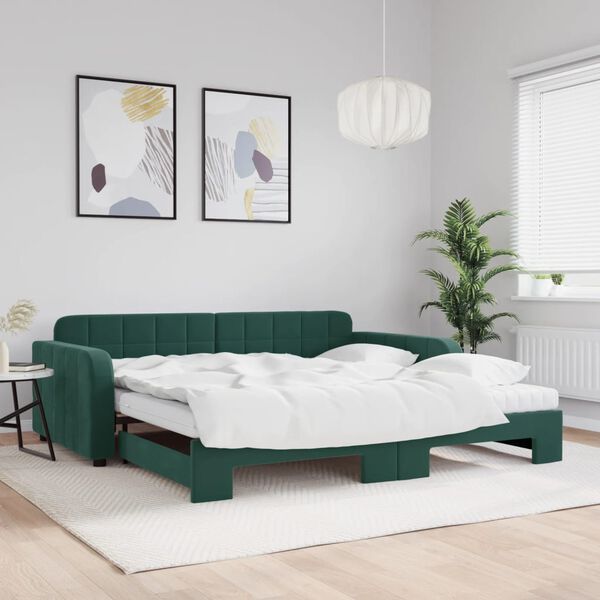 vidaXL daybed med udtr&aelig;k og madras 100x200 cm velour m&oslash;rkegr&oslash;n