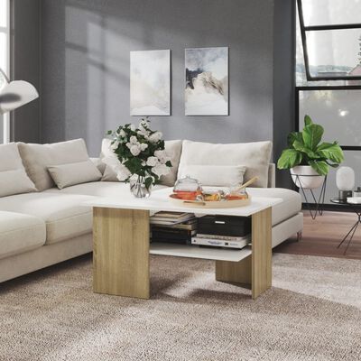 vidaXL sofabord 90x60x46,5 cm spånplade hvid og sonoma-eg