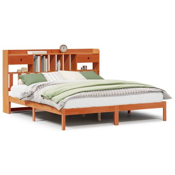 vidaXL seng med reol uden madras 200x200cm massivt fyrretr&aelig; gyldenbrun