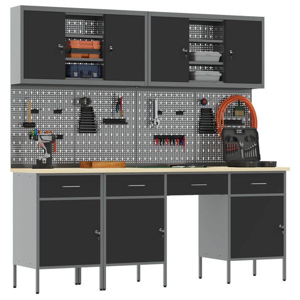 vidaXL Arbejdsskab med skuffe med l&aring;s 10 pcs Sort Ingeni&oslash;rtr&aelig; og st&aring;l